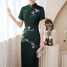 华族经典中式复古旗袍裙长款大牌高贵优雅端庄气质墨绿色刺绣批发
