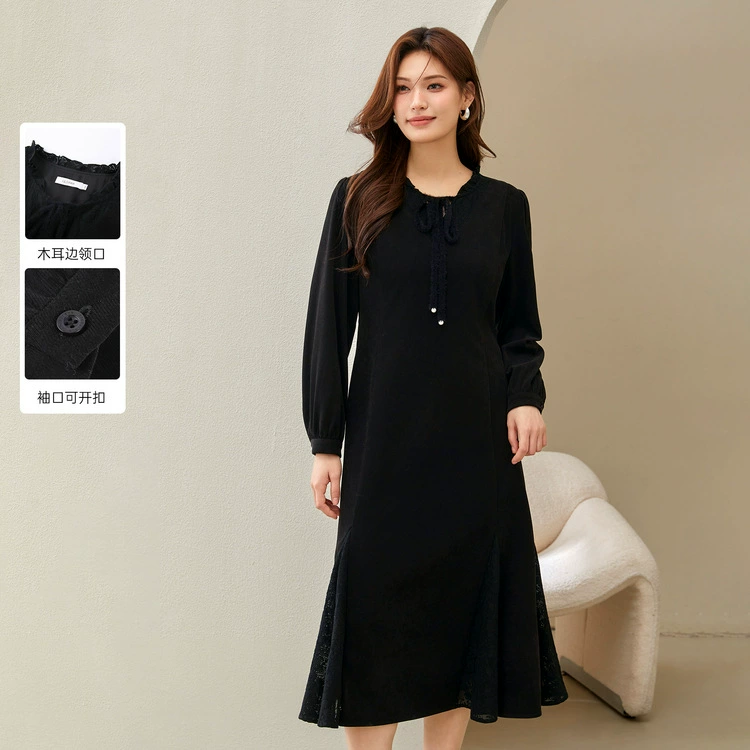 [Французское кружевное сшивание в стиле Хепберн] Тонкое черное платье