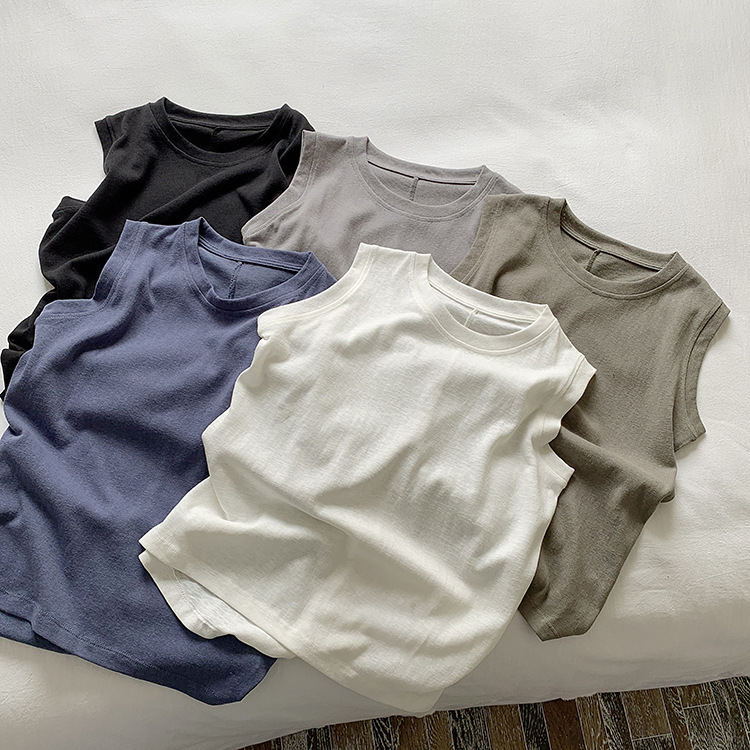 Simple Sleeveless Shoulder T-shirt Women's Summer Cotton and Linen Camisole Outer Wearing Spring and Autumn Loose Casual Inner Base Top