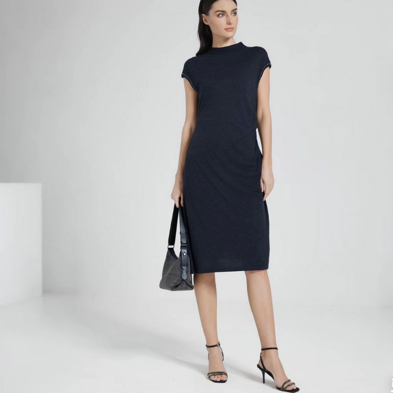 25 Spring and Summer New BC Style Bead Chain Knitted Long Skirt Mulberry Silk and Sheep Wool Blended Short Sleeve dress Women