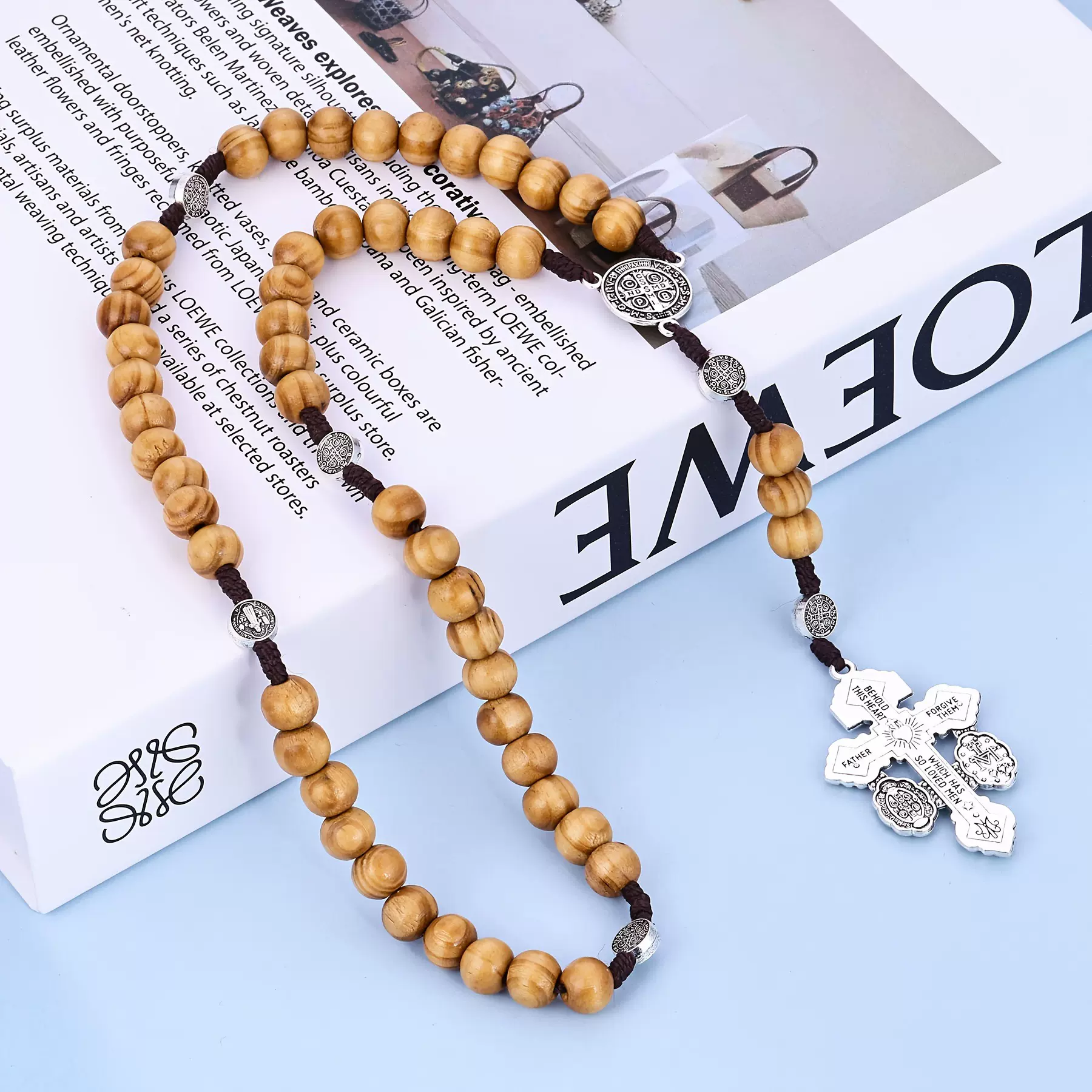 10mm跨境爆款橄榄木圣本笃木珠编绳念珠新款合金十字架项链