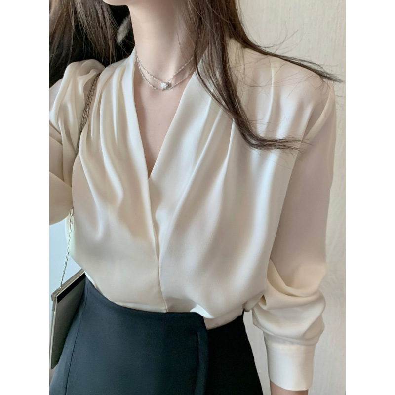 2026 New Style V-Neck White Shirt for Women, Long-Sleeved French Design Niche Retro Top, Professional Satin Top 2026 New Style V-Neck White Shirt for Women, Long-Sleeved French Design Niche Retro Top, Professional Satin Top