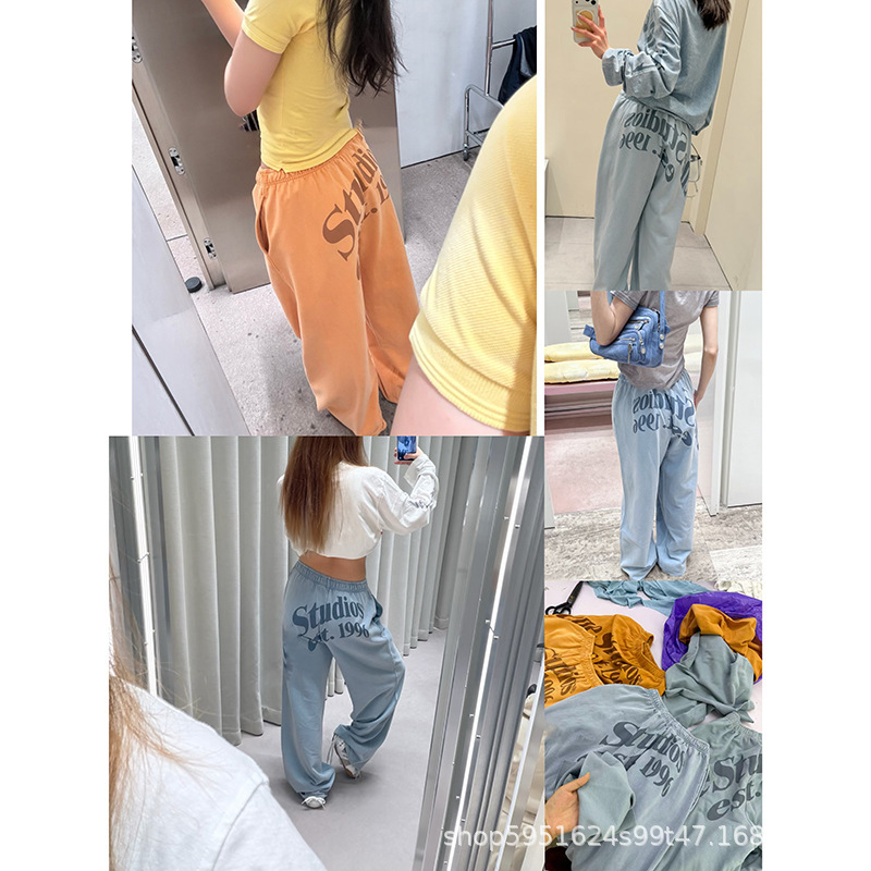 In Stock Now! 26Ss New Vintage Distressed 1996 Print Elastic Waist Drawstring Casual Straight-Leg Pants for Women