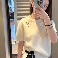你的呵呵｜织物之美软糯绒感手工钻短袖毛衣针织上衣