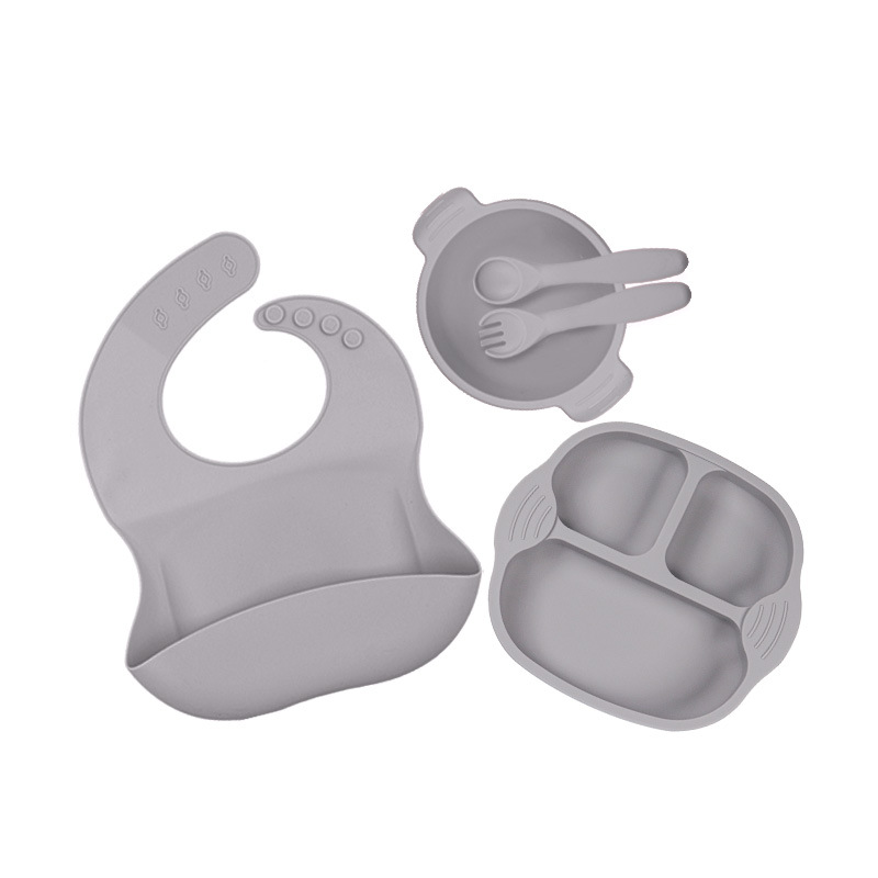 Nuevo traje de vajilla de suplemento alimenticio para niños transfronterizos Placa de silicona tazón tenedor cuchara babero taza de seis piezas conjunto de vajilla de alimentación