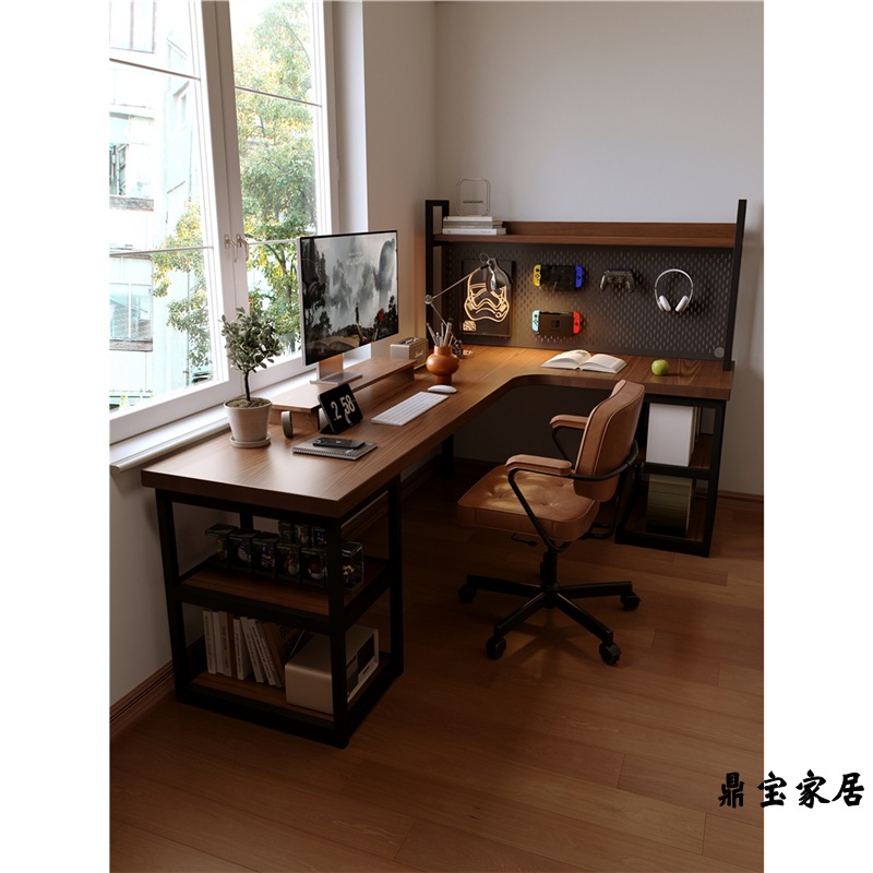 Solid Wood Corner Desk Bookshelf Bookcase Integrated Table Bedroom L-Shaped Corner Computer Table Home Study Table Workbench