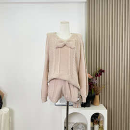 槿一 25/fw 甜杏杏子 定染纱线杏粉蝴蝶结针织上衣短裤温柔套装潮