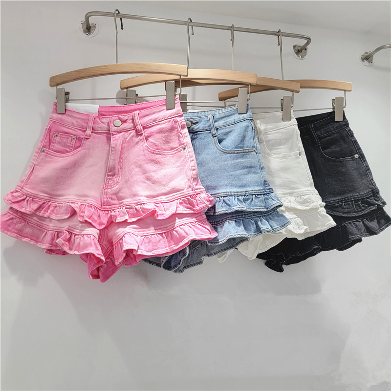 Korean Style Sweet Wood-ear Denim Shorts Women's Summer Super Good-looking Stretch All-match High Waist Slimming Wide-leg Trendy Pants