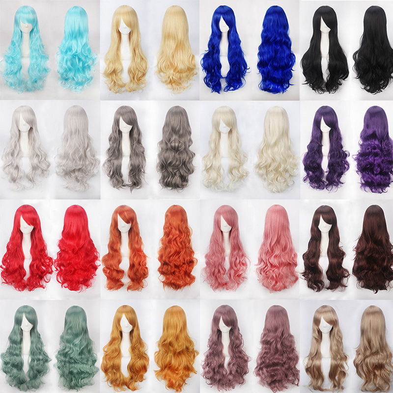 Cross-Border European and American Cosplay Wigs, Colorful Anime Wigs, Women's Clip-On Net High-Temperature Fiber 80cm Long Curly Wigs