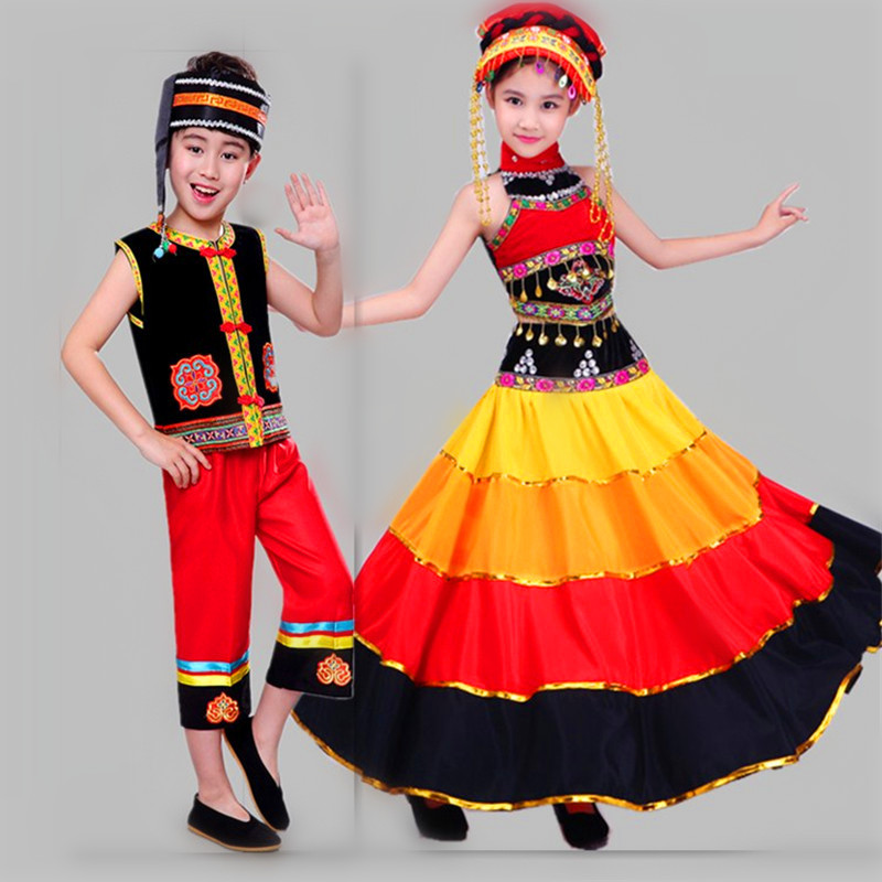 七月彝族火把节服装儿童少数民族表演舞蹈服大摆裙开场舞节日演出