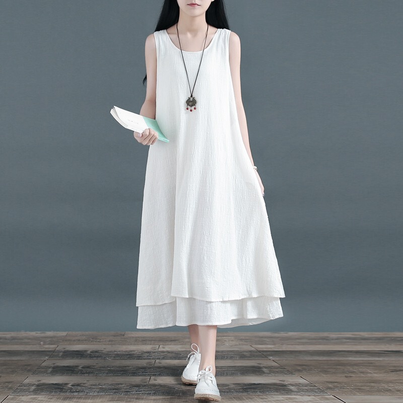 Vintage Artistic Sleeveless Double-Layer Cotton and Linen Long Bottoming dress Women's 2024 Summer New Solid Color Vest Long Dress