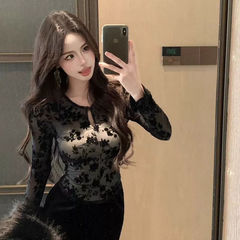 Трансграничная Сестра Легкий ветер Черная тонкая футболка с длинными рукавами Женская весна и лето тонкая тонкая рубашка с V-образным вырезом