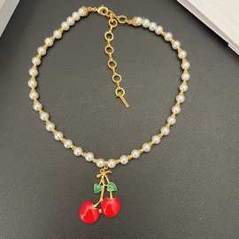 星月AR新款欧美个性珍珠樱桃吊坠项链叠带时尚复古风简约少女项圈
