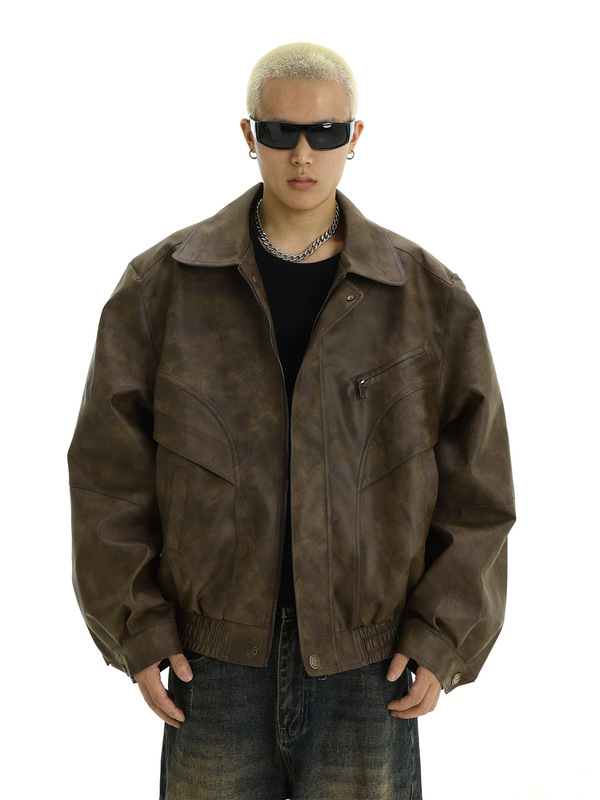 American Trendy Brand Retro Distressed Leather Jacket Men's Spring & Fall New Handsome Design Niche Casual Lapel Jacket