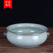 景德镇陶瓷仿古裂纹釉水浅鱼缸双耳狮子官窑瓷器水仙盆办公桌笔洗
