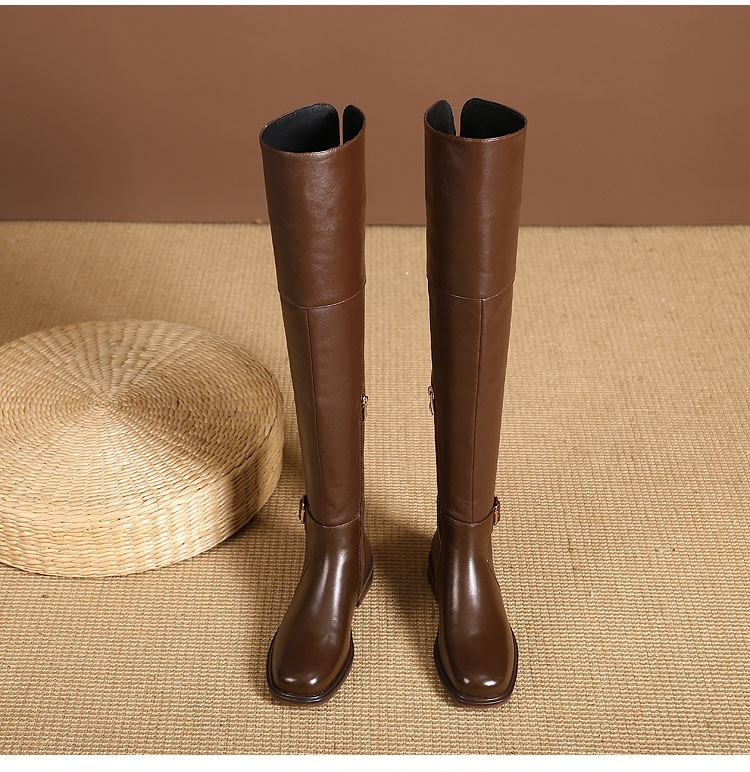 22 New Slim Leg Over Knee Long for Women Low Heel Flat Bottom Black High Barrel Autumn/Winter Single with Velvet Knight_voghion.com