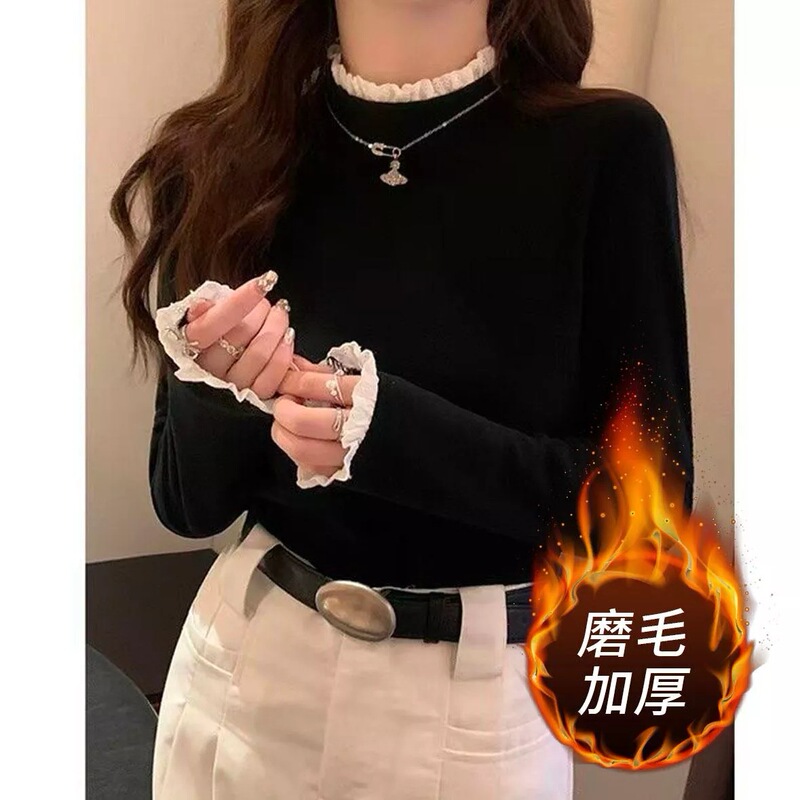 Autumn and Winter New Lace Bottoming Shirt for Women Double-Sided Velvet Brushed Thickeneded Slim Half Turtleneck Inner Top for Women