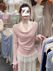 小心机荡领蕾丝边挂脖T恤女早秋内搭褶皱短款打底衫别致绝美上衣