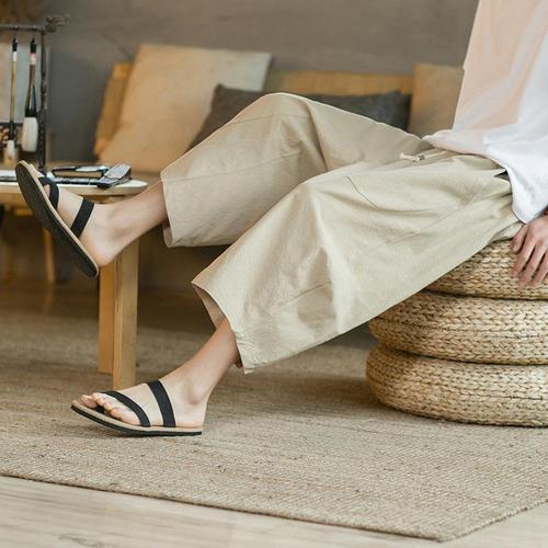 Cotton Linen Loose Fit Unisex Linen 7/8 Pants Chinese Style Summer Wear Trend Brand Thin Hem Flared Casual Short Pants