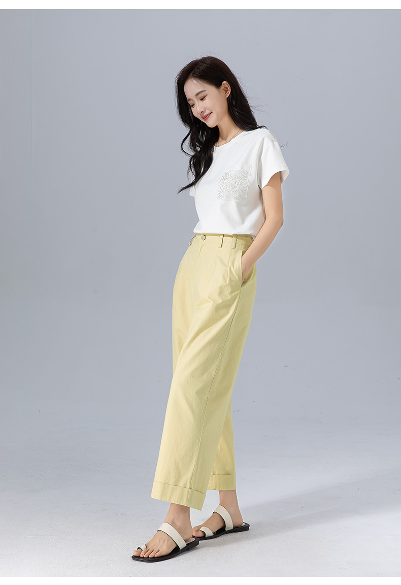 Quần culottes nữ ống rộng cạp cao chất liệu cotton wash — màu vàng chi tiết 7