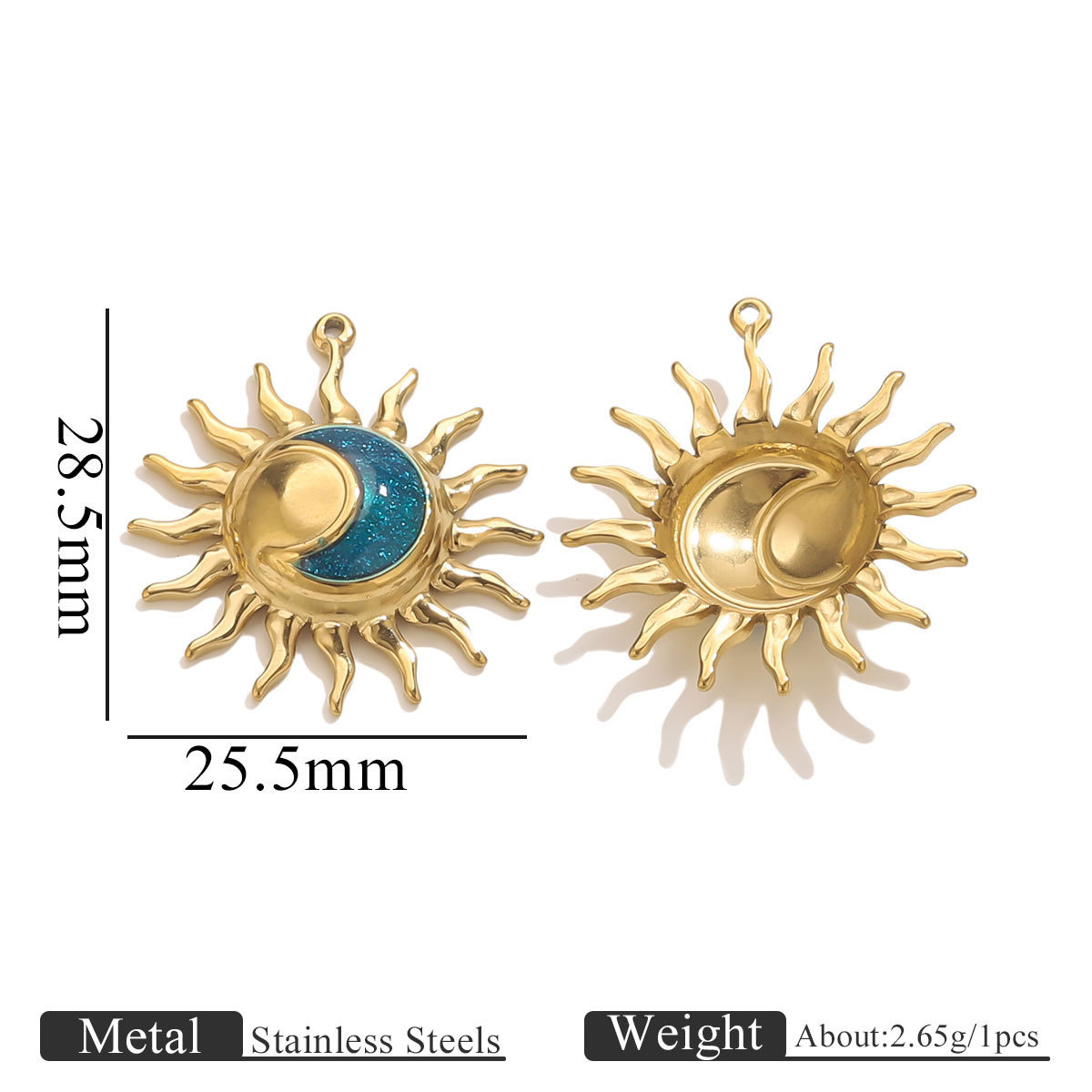 3g Weight 1 Piece 304 Stainless Steel PVD Coated 18K Gold Real Gold Plated Sun Pendant Pendant
