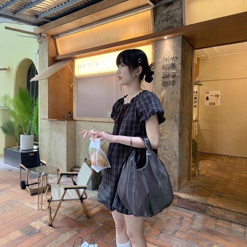 Galaxy Soda Bubble Sleeve Bud Short-sleeved dress Summer New Arrival Plaid Wood-ear Short All-match Skirt Galaxy Soda Bubble Sleeve Bud Short-sleeved dress Summer New Arrival Plaid Wood-ear Short All-match Skirt