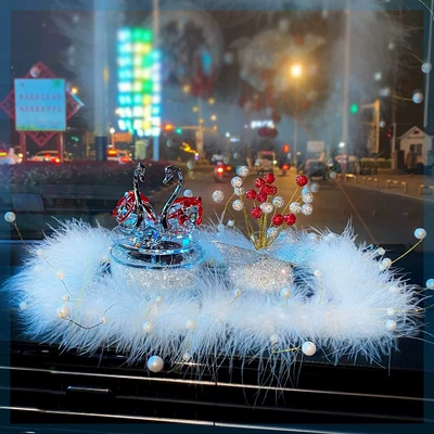 Car ornaments, Rotating Crystal Couple Swan - solar-rotating-red-swan-babys-breath-large-pearl-feather-cushion