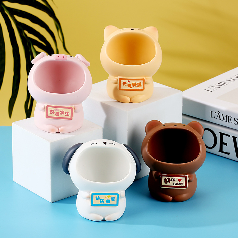 Ah 멩 재미 펜 용기 창조적 인 귀여운 전화 엄마 수지 공예 장식품 만화 동물 화장품 보관 버킷