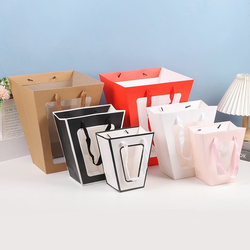 现货开窗梯形礼品袋情人节花束伴手礼包装袋透明橱窗盆栽手提纸袋