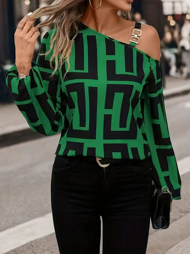273g Weight Long Sleeve Sleeve Length Polyester Fabric Type Regular Top Length Blouse Tops Type Casual, Daily Occasion Oblique collar Neckline Regular Fit Fit Type Geometric Pattern Spring, Autumn Season Women's Gender Printing Design Elegant, Streetwear Style Wholesale Women's Elegant Streetwear Geometric Long Sleeve Printing Blouses 10