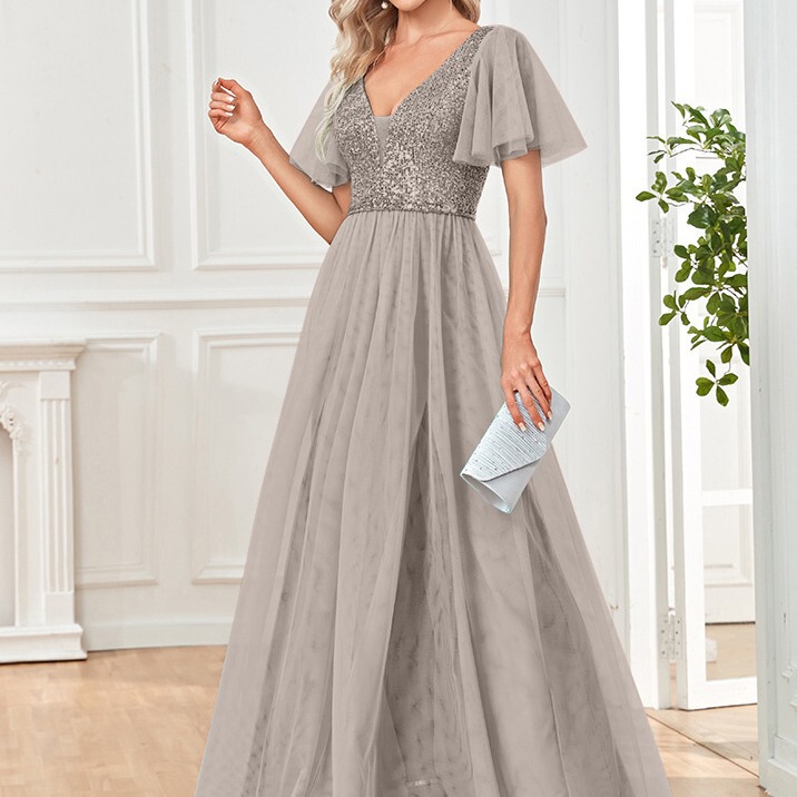 Aliexpress New Sequined Evening Dress Formal Ball Gown with Mesh Skirt, V-Neck Sexy Short-Sleeve Long Dress for Women Aliexpress New Sequined Evening Dress Formal Ball Gown with Mesh Skirt, V-Neck Sexy Short-Sleeve Long Dress for Women