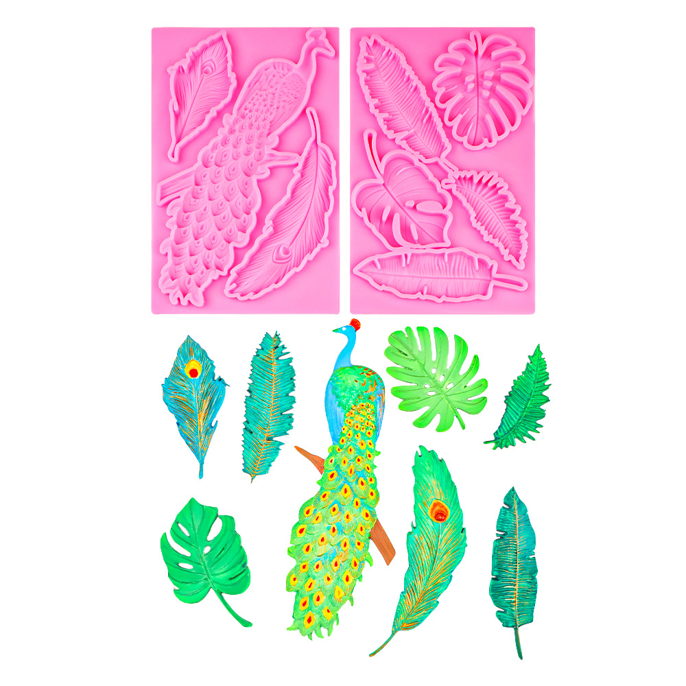 Molde de hojas de helecho de plumas de pavo real de chocolate fondant, molde de yeso de expansión de jabón hecho a mano de bricolaje, molde de decoración de pastel