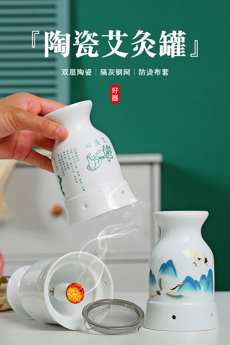 Ceramic Moxibustion Cup Wuling Jar Double Layer Heat Insulated Handheld Guasha Tool for Home Warm Therapy overview