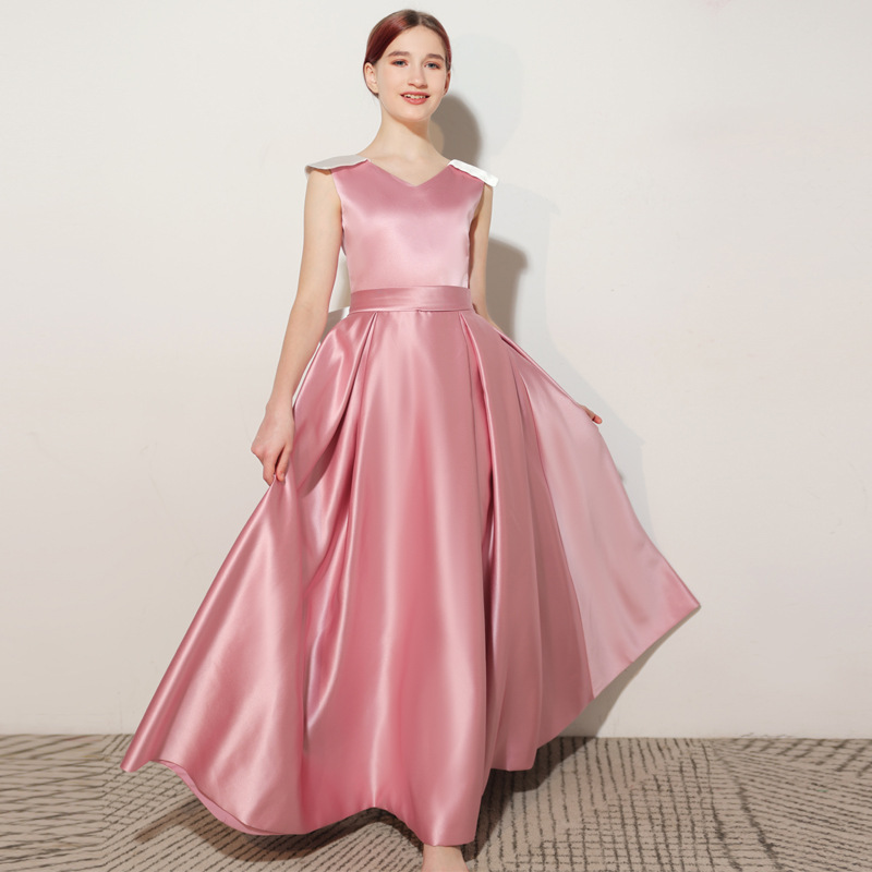 Girls Chic Pink Satin Dress Sleeveless Long Children's Costume For Piano Violin Performance Birthday Party 3-7Y【Pre-sale | Ships In 15 Days】_voghion.com