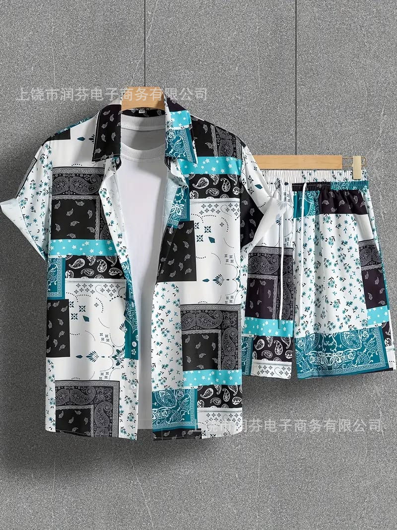 2026 viaje transfronterizo de vacaciones de viento camisa set hombre verano suelto transpirable dos piezas set mar ocio versátil