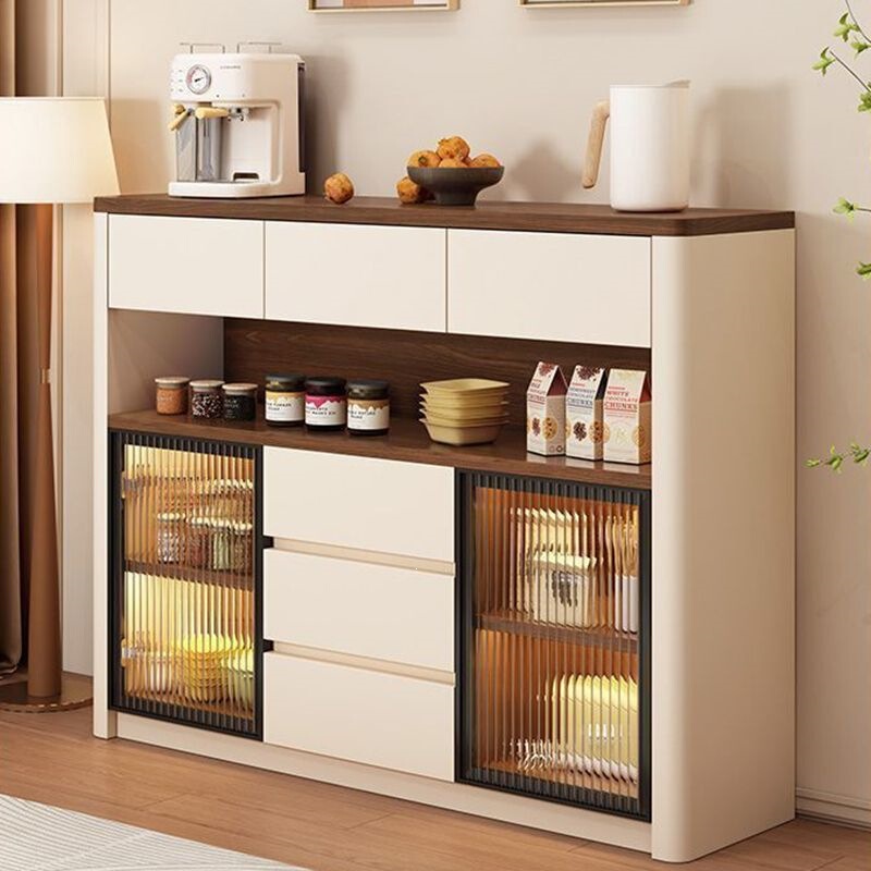 Vintage-style sideboard with rainbow glass and lights, home dining room tea storage cabinet, cream-style multifunctional bar cabinet Vintage-style sideboard with rainbow glass and lights, home dining room tea storage cabinet, cream-style multifunctional bar cabinet