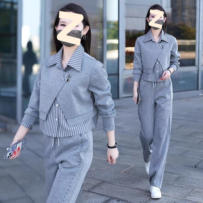休闲运动套装女秋季新款翻领条纹拼接假两件卫衣直筒裤时|undefined