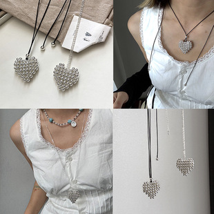 Copper Beads Thick Silver Electroplated Handmade Beaded Love Pendant Exquisite Three-dimensional Peach Heart Niche Ins Blogger Long Necklace