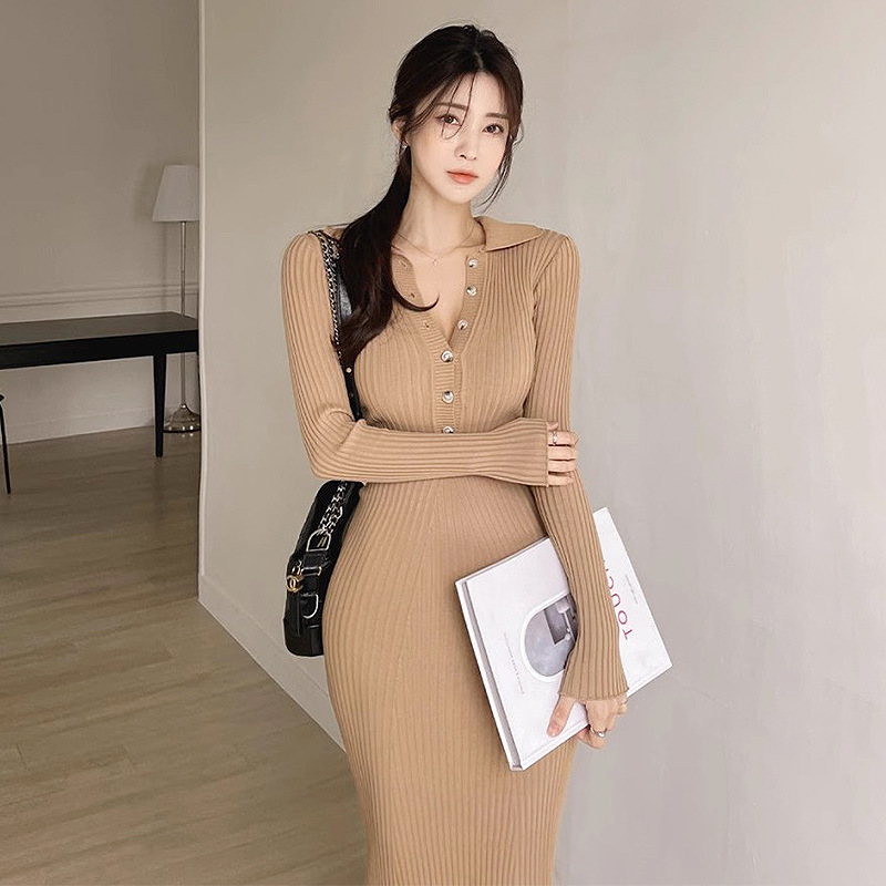 Autumn classic retro fitted solid long knitted dress