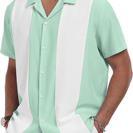 Summer Casual Men's Color-Blocked Striped Cuban Collar Short-Sleeved Shirt Retro Bowling Shirt No-Iron Anti-Wrinkle Men's Shirt Summer Casual Men's Color-Blocked Striped Cuban Collar Short-Sleeved Shirt Retro Bowling Shirt No-Iron Anti-Wrinkle Men's Shirt