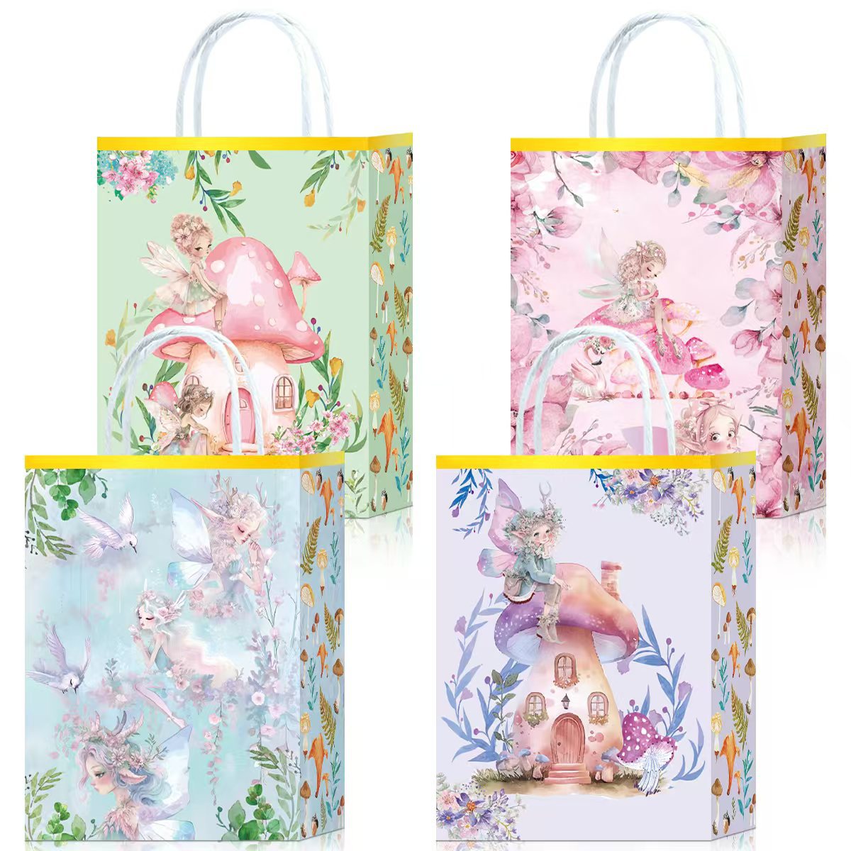 亚马逊爆款蘑菇牛皮纸手提袋速卖通Temu小清新4款风格耐磨防水