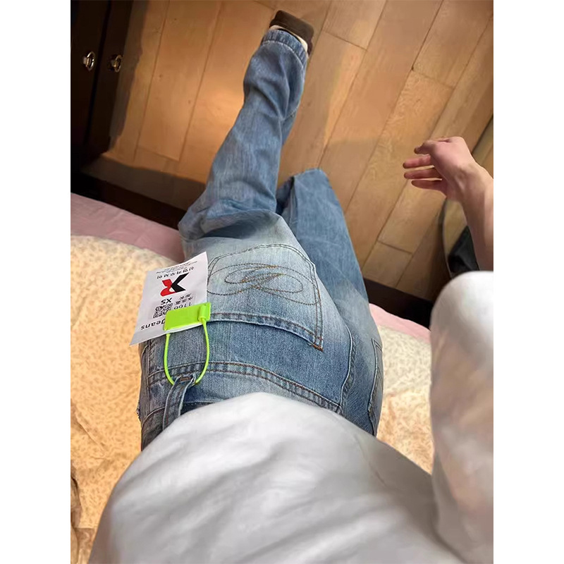 水洗刺绣阔腿牛仔裤女夏季新款设计感高腰宽松显瘦百搭直筒长裤子|undefined