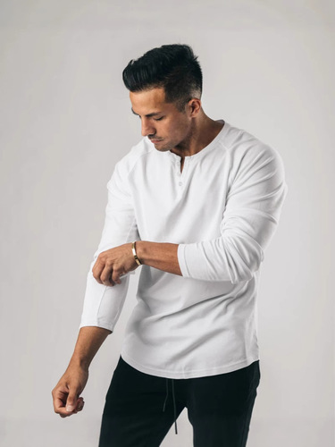 Vintage Henry Shirt Long-Sleeve T-Shirt Solid Color Men's Fitness Base Layer Top Casual Pure Cotton Elastic Thin V-Neck Open Front Men's Clothing