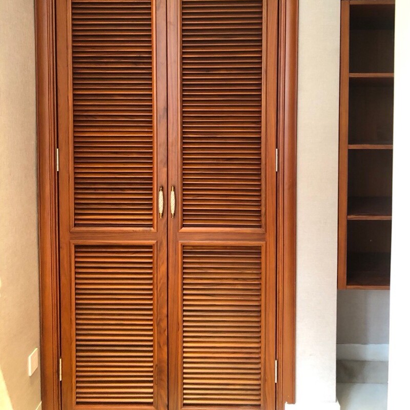 Factory direct Myanmar teak open shutter door can provide size to produce Chinese style wooden wardrobe door