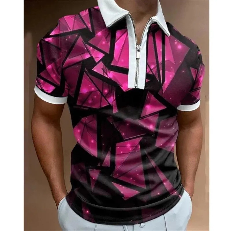 2024 venta caliente personalidad moda impresión 3D hombres verano calle suelta solapa manga corta cremallera camisa POLO