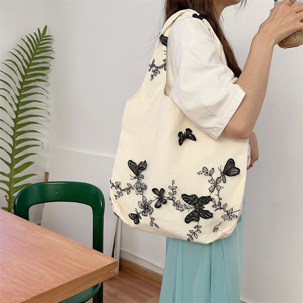 44292 Traditional Chinese style retro embroidered lace butterfly cloth bag for casual women's travel, canvas bag, large capacity single-shoulder bag Specification drawing