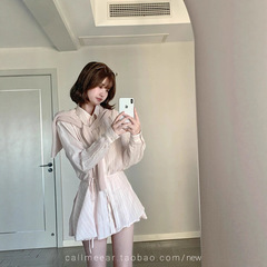 CallmeEar//粉色条纹长袖收腰衬衫连衣裙女早秋裙子