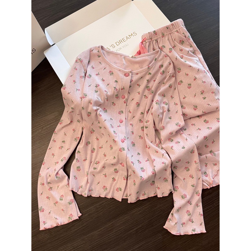 软萌少女温柔系甜美小碎花长袖睡衣秋季女款开衫长裤家居服套装潮