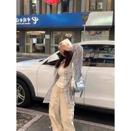 蓝色格子衬衫女2025春秋外搭设计感小众时尚外穿衬衣外套