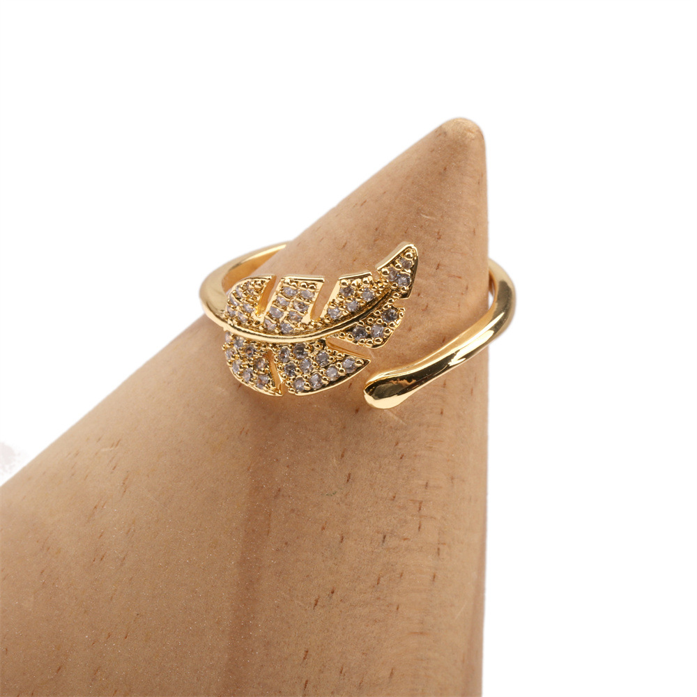 Leaf open ring inlaid zircon copper index finger ring personalized hand jewelry wholesale